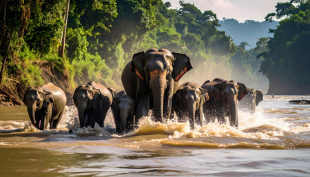 Massive herd of Bornean elephants walking through rushing river water in a lush, misty, tropical forest landscape.の素材