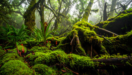Extreme low-angle, wide-angle shot of a pitcher plant among bright green moss and dark, moss-covered tree roots in a misty forest.の素材