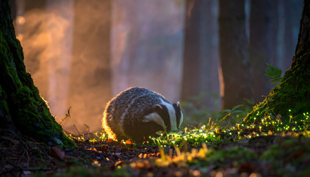 badger foraging in a magical forest scene with glowing yellow and green lights on the mossy ground at twilight.の素材