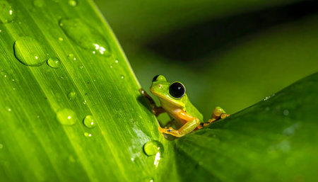 Vibrant green frog with large black eyes perched on a lush leaf, covered in clear water droplets, in a tropical environment.の素材