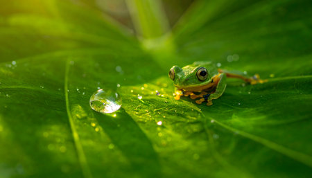 Extreme close-up, macro photograph of a tiny, brilliantly green Wallace's Flying Frog on a wet tropical leaf with raindrops.の素材