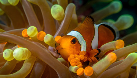 Anemone fish guarding bright orange eggs within the tentacles of a sea anemone, sharp focus, tropical colors.の素材