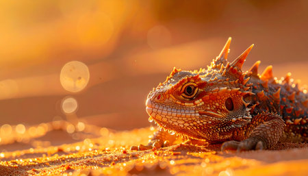 A detailed, low-angle photograph of the spiky, camouflaged lizard in its native, arid, red-orange desert environment.の素材