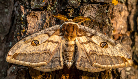 A stunning Emperor moth with large eyespots, wings spread wide, illuminated from behind by a warm evening glow.の素材