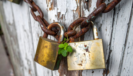 A deeply rusted chain and aged padlock securing an old, distressed wooden door or fence with peeling green paint.の素材