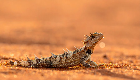 Thorny Devil lizard in the outback, showcasing its intricate pattern and spiny armor against a blurred desert background.の素材
