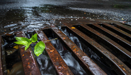 Extreme close-up, low angle shot of a rusty, cast-iron street grate with rainwater rapidly flowing over and into it.の素材