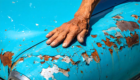 A deeply textured macro shot capturing the contrast between aged skin and the cracked, vibrant turquoise paint of a car.の素材