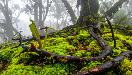Detailed view of a unique carnivorous pitcher plant growing in a vibrant green, damp, foggy rainforest or jungle floor.の素材