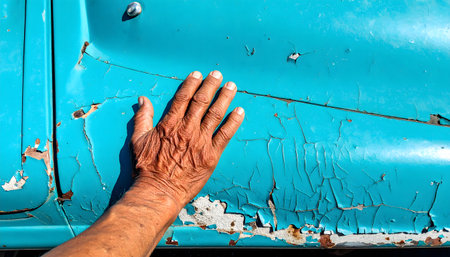 The detailed, wrinkled hand of an older person placed on a distressed, rusty blue surface, emphasizing time and texture.の素材