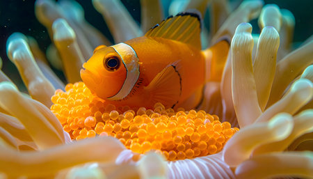 Close-up shot of a colorful marine environment, showing a small orange fish and its eggs among the swaying anemone tentacles.の素材