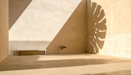Extremely minimalist photograph of an empty room corner with off-white textured walls and a dramatic monstera leaf shadow.の素材