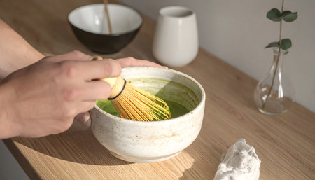 Mindful moment of preparing a healthy green tea drink, focusing on the texture of the ceramic bowl, the matcha, and the warm, natural lighting.の素材