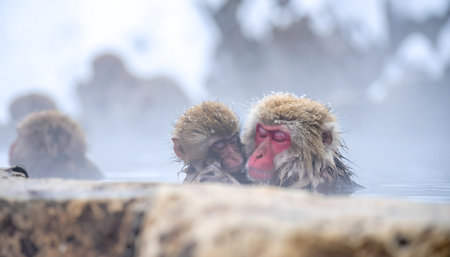 Intimate, close-up shot of Japanese macaques (snow monkeys) relaxing in a hot spring bath during a snowy winter.の素材