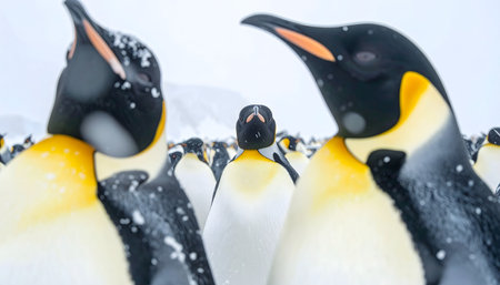 Intimate, eye-level photograph from within a massive huddle of Emperor penguins during a snowstorm in Antarctica.の素材