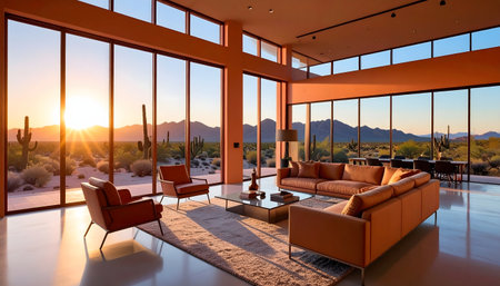 Open-concept living room, Desert Modern style, with stucco orange walls and large windows overlooking a vibrant sunset landscape.の素材