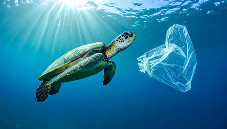 Marine life photography, a large sea turtle in a deep blue ocean with shafts of light, emphasizing environmental concern.の素材