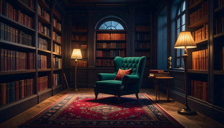 A cozy green velvet wingback armchair illuminated by a tall, warm lamp in a traditional, exclusive, dark library.の素材
