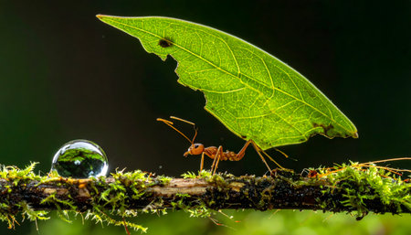 Nature photography capturing the incredible strength and industry of a leafcutter ant, focused on the tiny, complex world of insects and moss.の素材