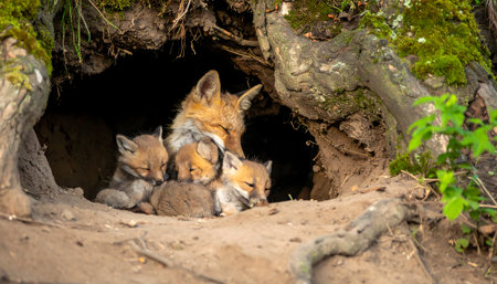Intimate, tender photograph of a mother fox curled with her sleeping kits inside their cozy, protective den.の素材
