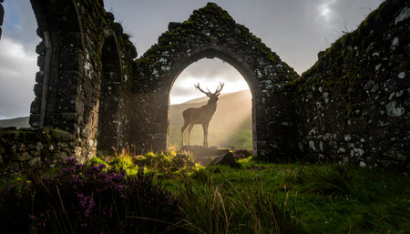 An epic natural scene capturing a proud stag in the ruins of a castle, symbolizing the wild spirit of nature in a dramatic setting.の素材