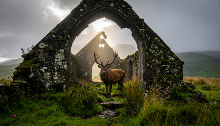 Photorealistic image of a powerful stag with impressive antlers silhouetted against a bright, misty highland landscape vista.の素材