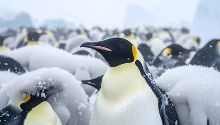 Antarctic wildlife shot of a penguin huddle, showing the birds' striking black, white, and yellow plumage in snowfall.の素材