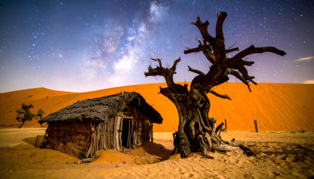 An epic, otherworldly image of a desert shelter and a skeletal tree under the vast, overwhelming beauty of the Milky Way galaxy.の素材