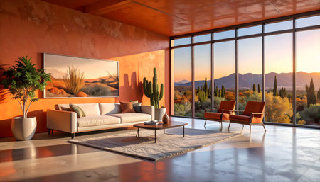 Interior design shot featuring a minimalist sofa, cacti, and a picture window with a dramatic orange and purple desert view.の素材