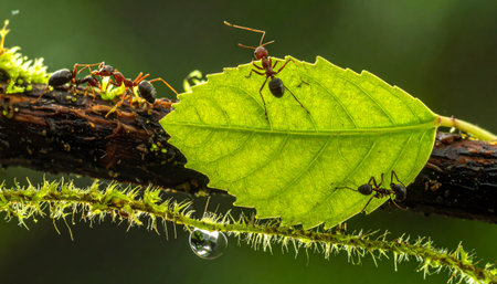 Detailed, high-magnification close-up of a leafcutter ant carrying a massive piece of leaf on a moss-covered log, with a small water droplet nearby.の素材
