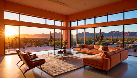Warm, orange-glow-bathed living space with high ceilings, glass walls, and desert flora, showcasing modern architecture.の素材