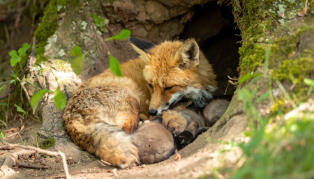 Wildlife shot capturing a red fox family nestled in the earthen entrance of their den, surrounded by roots and moss.の素材