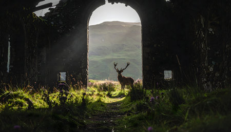 red deer stag framed by the ruins of a historic building, bathed in shafts of mystical morning light and deep shadows.の素材