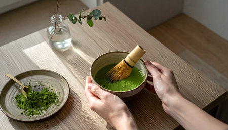 Minimalist and serene image of the matcha tea preparation, showcasing the tools and the vibrant drink on a clean, light wooden surface.の素材