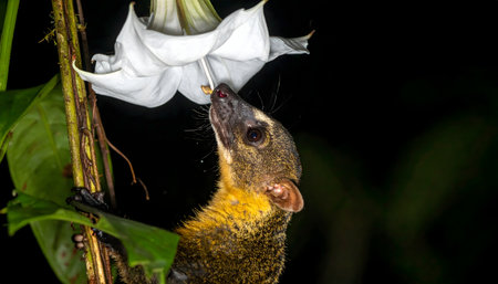 A close-up of the kinkajou's expressive dark eyes and golden-brown fur as it interacts with a night-blooming flower.の素材