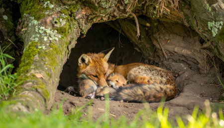 A touching moment between a vixen and her young cubs, resting together in the soft, dark sanctuary of their burrow.の素材