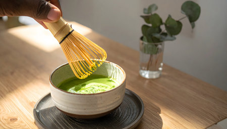 Close-up of hands preparing traditional matcha in a rustic bowl on a wooden countertop, emphasizing the bamboo whisk and the bright green color.の素材