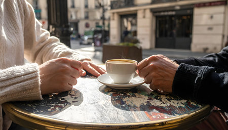 An intimate shot of two people sharing a coffee at a worn bistro table at sunset with soft backlighting.の素材