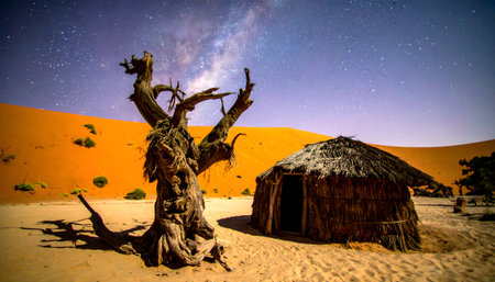 Vibrant, surreal desert night scene with an orange sand dune and a small, traditional shelter, contrasted against the deep purple and starry galaxy sky.の素材