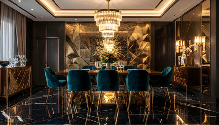 Glamorous, high-end interior design shot of a formal dining room with a grand floral centerpiece and plush seating.の素材