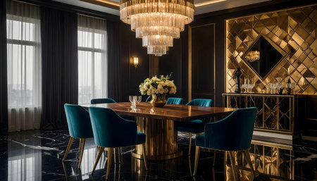 Opulent Art Deco revival dining room set for an elegant evening gathering, featuring a tiered crystal chandelierの素材