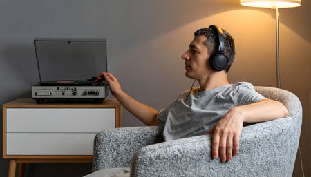 Intimate, over-the-shoulder shot of a man listening to music on headphones while adjusting a vinyl record player.の素材