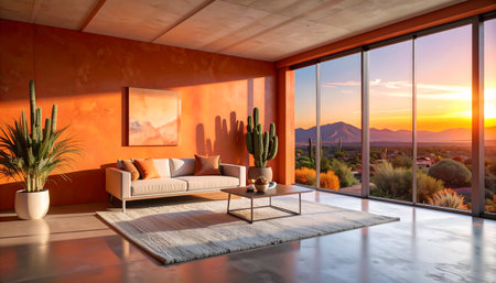Desert Modern interior, clean lines, a simple coffee table, rug, and stunning mountain sunset visible through floor-to-ceiling glass.の素材