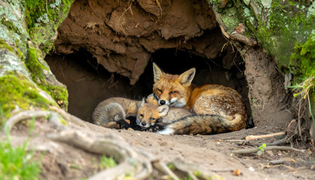 Red fox family portrait showing the mother and two kits in their natural woodland habitat, an intimate close-up.の素材