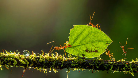 Extreme macro photograph of a leafcutter ant struggling to carry a disproportionately large piece of green leaf across a mossy, textured branch.の素材