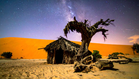 Dramatic, low-angle wide shot of a solitary desert dwelling next to a gnarled, twisted dead tree, set against massive orange sand dunes and the Milky Way at night.の素材