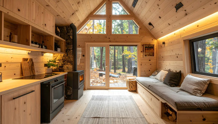 Interior view of a small, off-grid retreat, emphasizing natural materials, warm lighting, comfort, and a strong connection to the surrounding wilderness.の素材