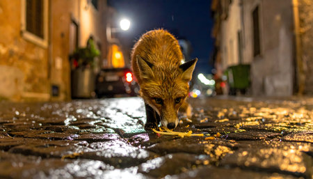 A close-up, dramatic shot of a wild fox in an unusual urban setting, with bokeh lights reflecting off the wet, dark cobblestones at night.の素材