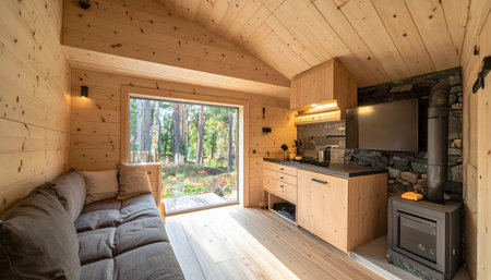 A modern, efficient cabin interior featuring a kitchenette, a large window view of the forest, and a minimalist, sustainable design aesthetic.の素材