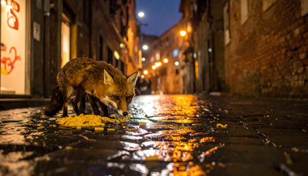 Urban wildlife image featuring a wet fox on a dark, reflective street in a European city alleyway at dusk, showing a captivating, hidden moment.の素材